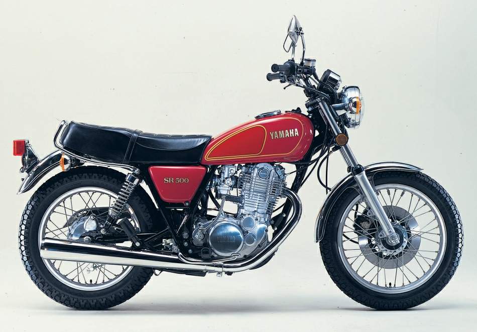Original factory photograph of Yamaha SR500 motorcycle on grey background
