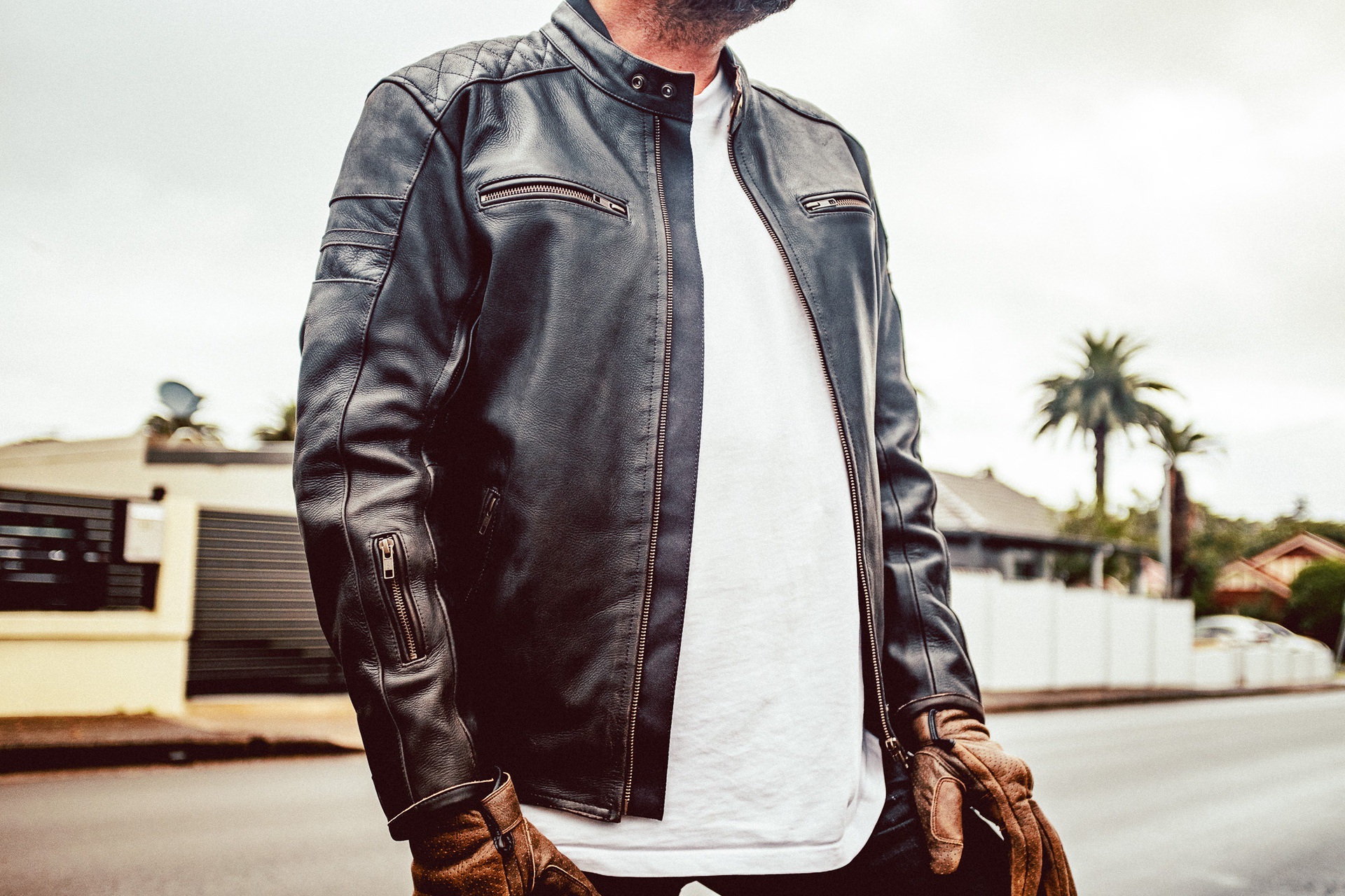 Front shot of man wearing ol Bobber Leather Jacket by Black Pup Moto