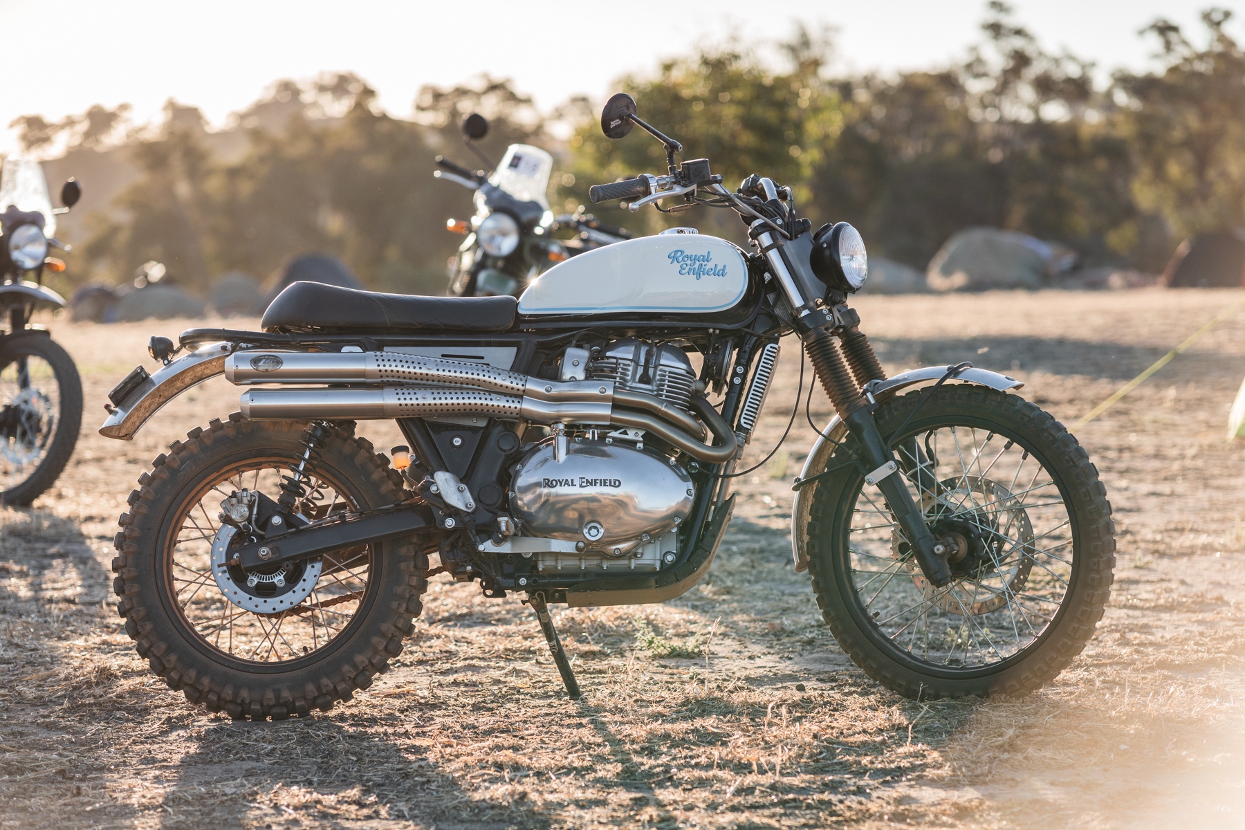 Right side photo of a Royal Enfield scrambler motorcycle