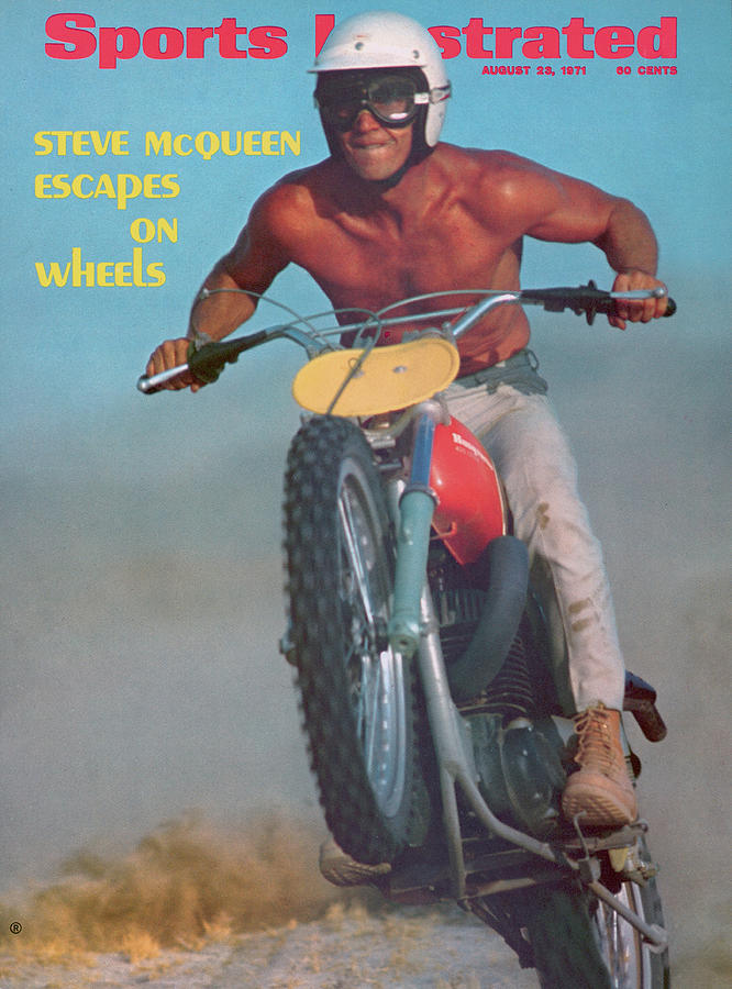 Steve McQueen and his Husqvarna 400 Cross motorcycle on the front cover of the August 1971 edition of Sports Illustrated
